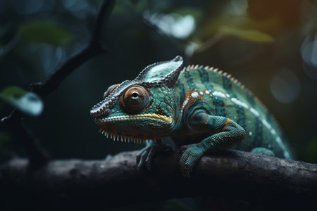 A chameleon perfectly blends in with the jungle scenery while sitting on a tree branchの素材