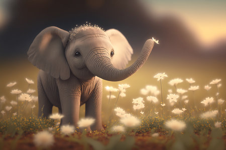 Adorable little elephant frolicking in a spring flower fieldの素材