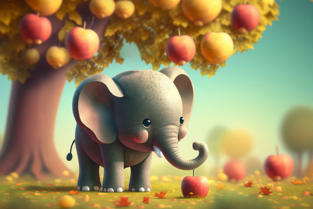 A cute little elephant enjoying a fresh apple under a beautiful apple tree.の素材