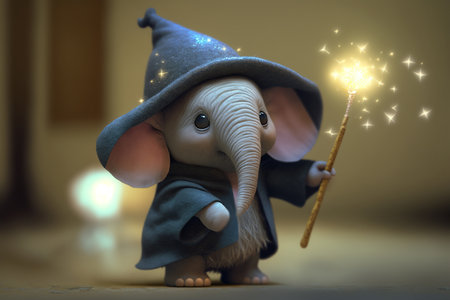 A cute little elephant dressed as a magician with a glowing wand, wizard hat, and cape, ready to cast some spellsの素材