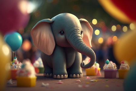 Happy elephant surrounded by cupcakes and balloons, celebrating a birthday or other special occasionの素材