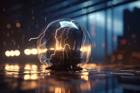 Lightning strikes and sparks symbolize AI's power and concentration in a room.の素材