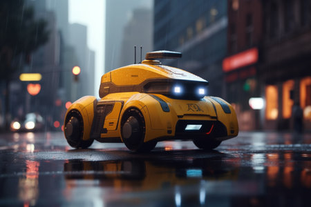 Experience the future of transportation with a robotic taxi cruising through a futuristic cityscape.の素材