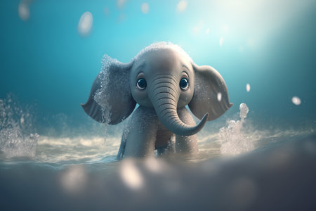 Watch this cute little elephant having fun and playing in the water as he splashes in the waves.の素材