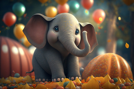 Join the fun with the adorable little elephant as he heads to a Halloween party with pumpkins and balloons in towの素材