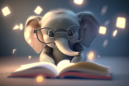 A cute little elephant wearing glasses is sitting down and reading a book, looking very focused and engaged in the story.の素材