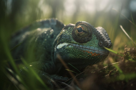 A colorful chameleon sits calmly in the lush green grass.の素材