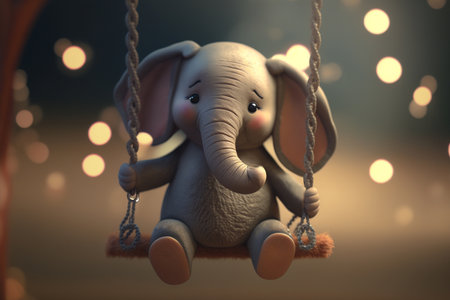 A delightful little elephant sits on a wooden swing, enjoying a playful afternoon.の素材