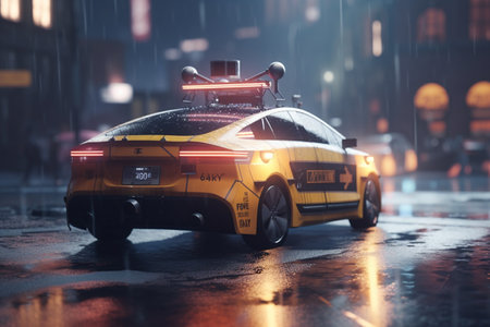 Experience the future of transportation with a robotic taxi cruising through a futuristic cityscape.の素材