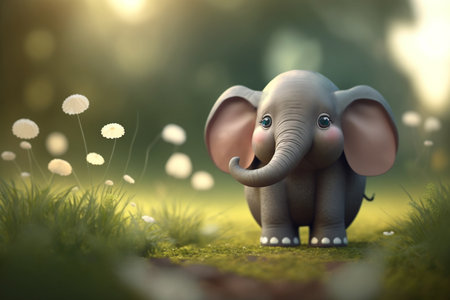 Enjoying a walk on the green grass, this cute little elephant is the epitome of joy and serenity.の素材