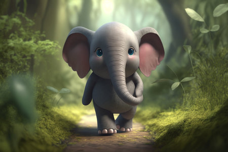 Take a walk through nature with this cute little elephant in a green forest.の素材