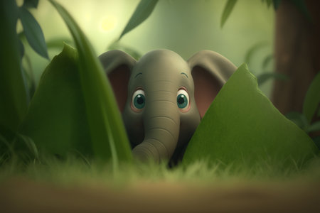 Cute elephant enjoys a game of hide-and-seek in the jungle, peeking out from behind big green leaves.の素材