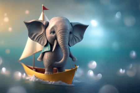 A cute little elephant sets sail on a miniature boat for a thrilling adventure on the open waters.の素材