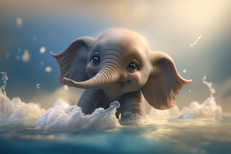 Watch this cute little elephant having fun and playing in the water as he splashes in the waves.の素材