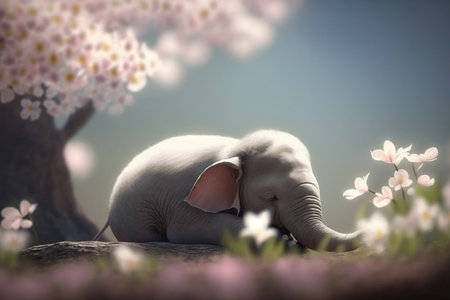 A cute elephant sleeps peacefully under a beautiful pink blossom tree, enjoying a sunny day in nature.の素材