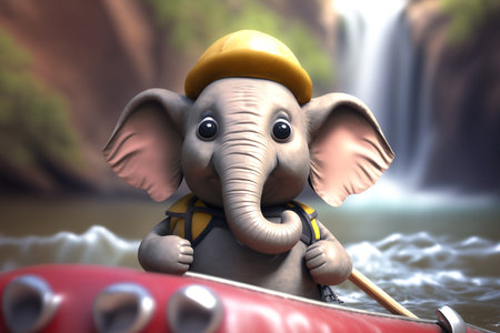 Join the adventure with this little elephant as he navigates the rapids and waves of a river in his trusty kayakの素材