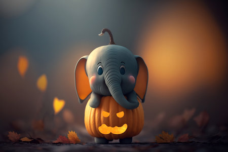 A little elephant is sitting inside a carved pumpkin for Halloween, wearing a cute pumpkin costumeの素材