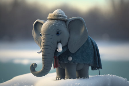 A cute little elephant bundled up in winter gear plays in the snow.の素材
