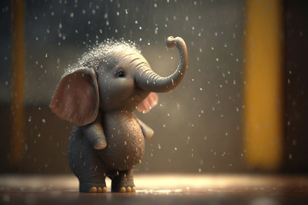 This cute little elephant is having fun in the rain, as the raindrops pour down on him. He seems to be enjoying every moment of itの素材