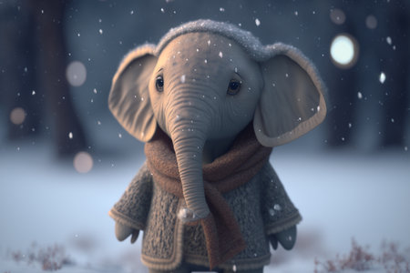 A cute little elephant bundled up in winter gear plays in the snow.の素材