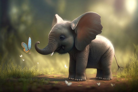 Adorable elephant playfully interacts with nature, using its trunk to catch a colorful butterfly among a meadow of wildflowers.の素材