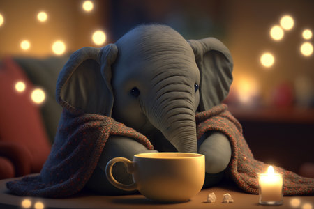 A cute little elephant cuddled up in a blanket with a warm cup of cocoa or tea, enjoying the cozy ambiance of a roomの素材