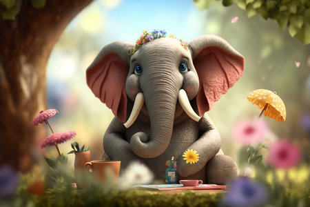 An adorable elephant is having a delightful picnic on a beautiful flower-filled meadowの素材