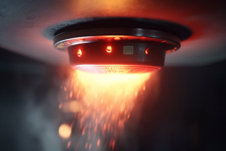 A fire alarm engulfed in sparks and flames represents an emergency situation, urging caution and vigilance.の素材
