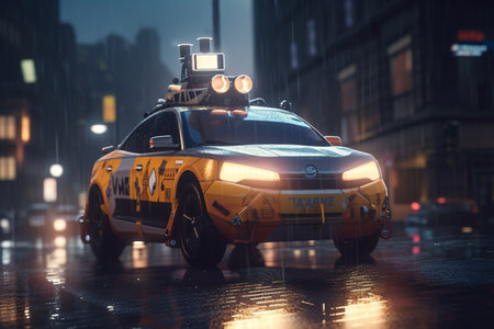 Experience the future of transportation with a robotic taxi cruising through a futuristic cityscape.の素材