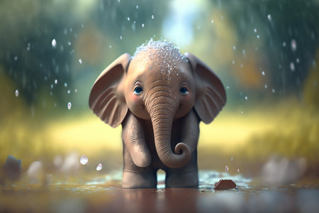 This cute little elephant is having fun in the rain, as the raindrops pour down on him. He seems to be enjoying every moment of itの素材