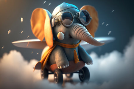 An adorable little elephant takes to the skies as a pilot in a plane, soaring above the clouds with a big smile on his face.の素材