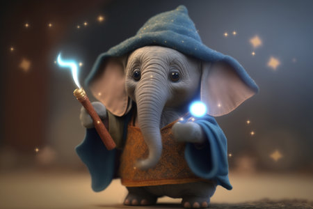 A cute little elephant dressed as a magician with a glowing wand, wizard hat, and cape, ready to cast some spellsの素材