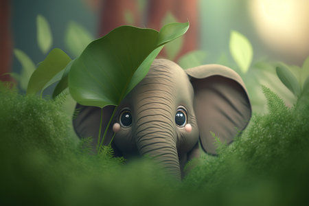 Cute elephant enjoys a game of hide-and-seek in the jungle, peeking out from behind big green leaves.の素材