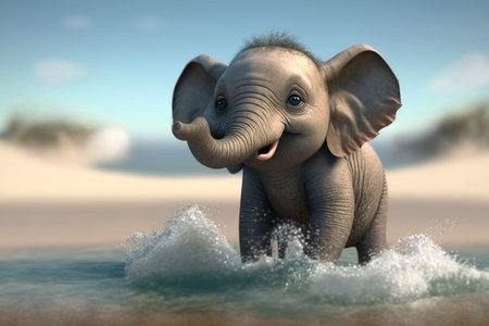 Watch this cute little elephant having fun and playing in the water as he splashes in the waves.の素材