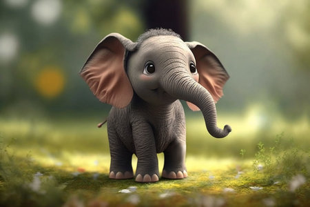 Take a walk through nature with this cute little elephant in a green forest.の素材