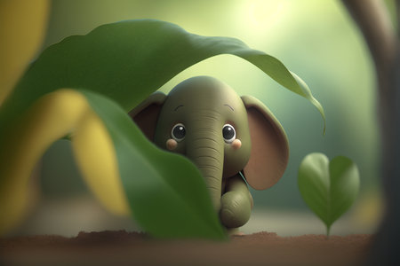 Cute elephant enjoys a game of hide-and-seek in the jungle, peeking out from behind big green leaves.の素材