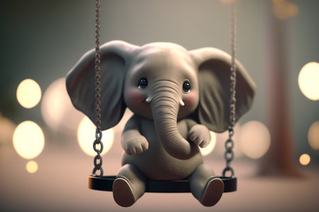 A delightful little elephant sits on a wooden swing, enjoying a playful afternoon.の素材