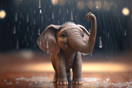 This cute little elephant is having fun in the rain, as the raindrops pour down on him. He seems to be enjoying every moment of itの素材
