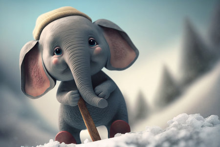 A cute little elephant bundled up in winter gear plays in the snow.の素材