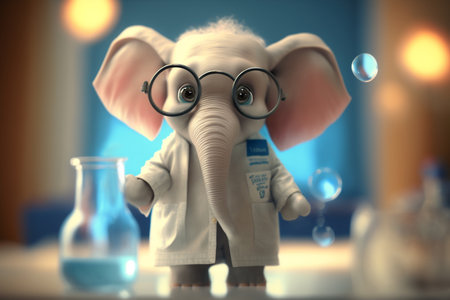 A cute little elephant, wearing glasses and a lab coat, working in a laboratory, experimenting with a test tubeの素材