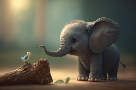 A heartwarming moment captured in the garden, as a tiny elephant and a bird play togetherの素材