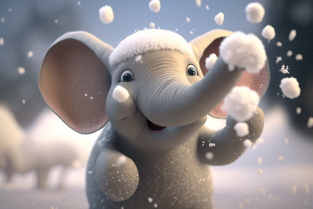 This adorable little elephant is enjoying the winter wonderland, playing and frolicking in the snow.の素材