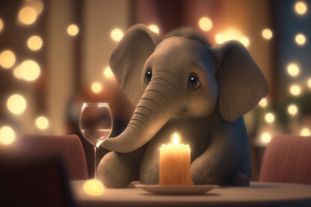 A little elephant enjoys a fancy dinner with a glass of wine by candlelight at a cozy restaurant tableの素材
