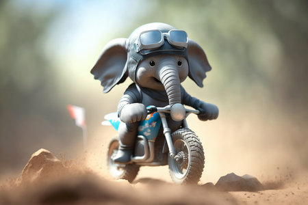 A cute little elephant enjoys an exciting ride on his motorbike through a challenging motocross courseの素材