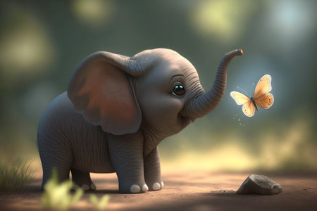 Adorable elephant playfully interacts with nature, using its trunk to catch a colorful butterfly among a meadow of wildflowers.の素材
