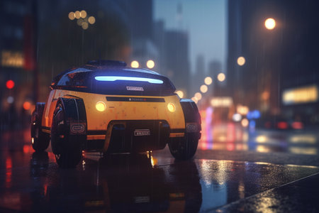 Experience the future of transportation with a robotic taxi cruising through a futuristic cityscape.の素材