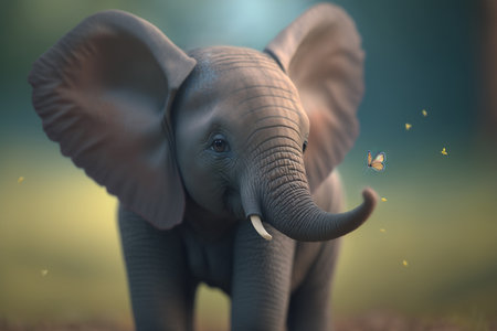 Adorable elephant playfully interacts with nature, using its trunk to catch a colorful butterfly among a meadow of wildflowers.の素材