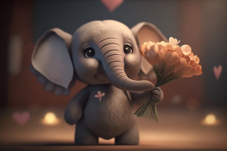 This cute little elephant is ready to spread some love this Valentine's Day with a bouquet of beautiful flowers.の素材
