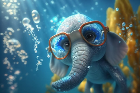 A cute little elephant explores underwater with a snorkel mask on, enjoying the beauty of the oceanの素材