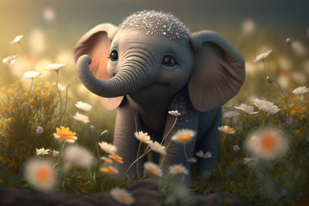 Adorable little elephant frolicking in a spring flower fieldの素材